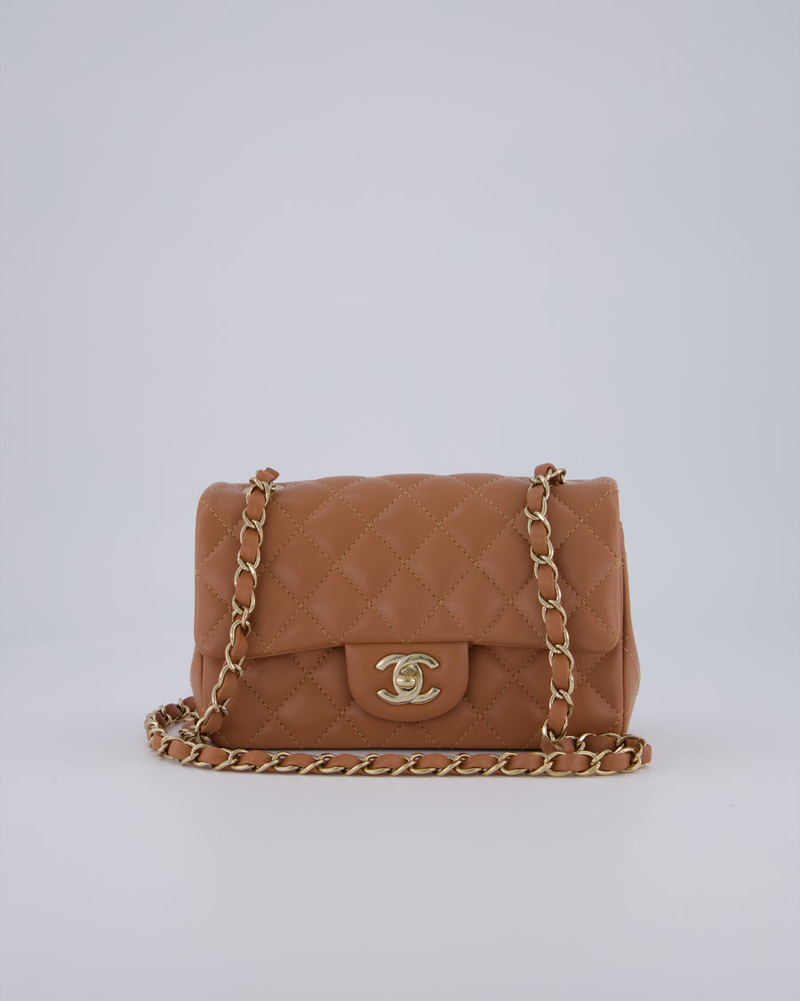 *HOT* Chanel Caramel Mini Rectangular Bag in Lambskin Leather with Champagne Gold Hardware