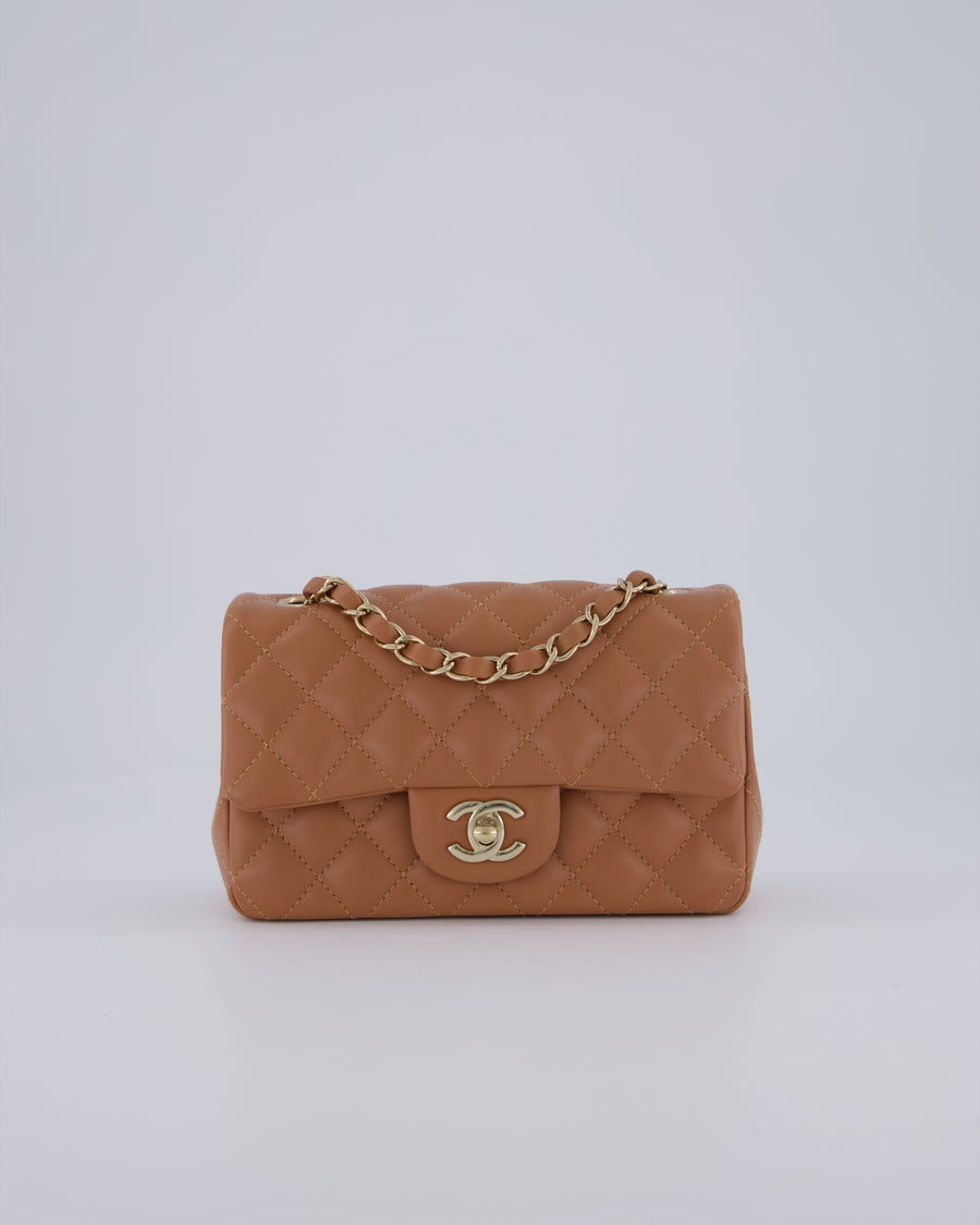 *HOT* Chanel Caramel Mini Rectangular Bag in Lambskin Leather with Champagne Gold Hardware
