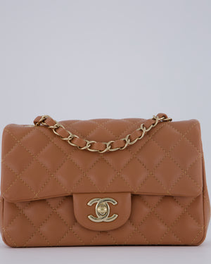 *HOT* Chanel Caramel Mini Rectangular Bag in Lambskin Leather with Champagne Gold Hardware