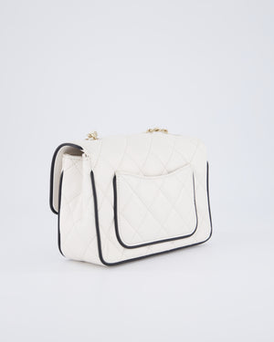 Chanel White, Black Trim Flap Bag in Lambskin Leather with Champagne and Enamel Hardware
