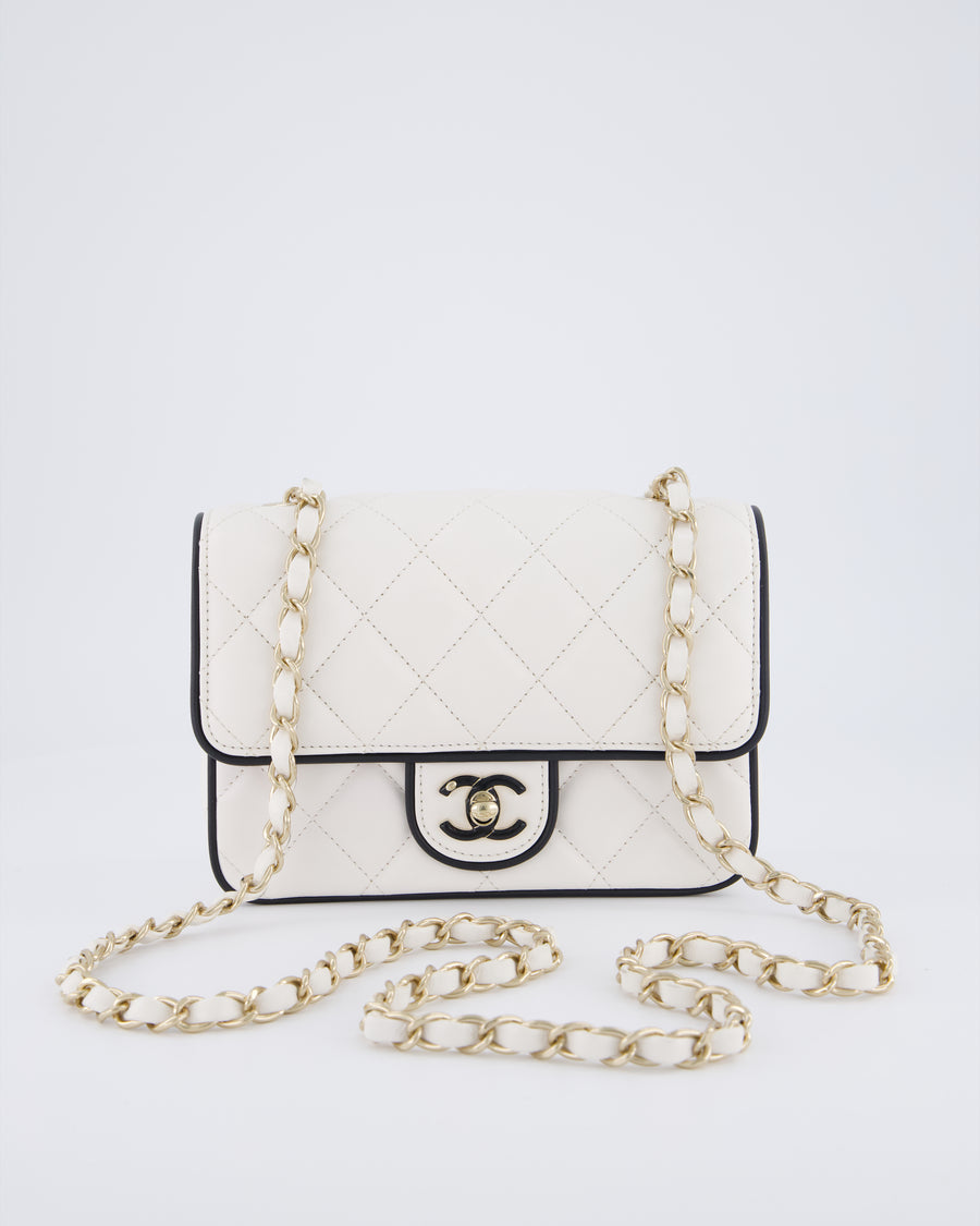 Chanel White, Black Trim Flap Bag in Lambskin Leather with Champagne and Enamel Hardware