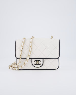 Chanel White, Black Trim Flap Bag in Lambskin Leather with Champagne and Enamel Hardware