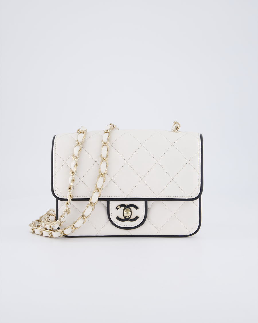 Chanel White, Black Trim Flap Bag in Lambskin Leather with Champagne and Enamel Hardware