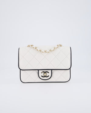 Chanel White, Black Trim Flap Bag in Lambskin Leather with Champagne and Enamel Hardware