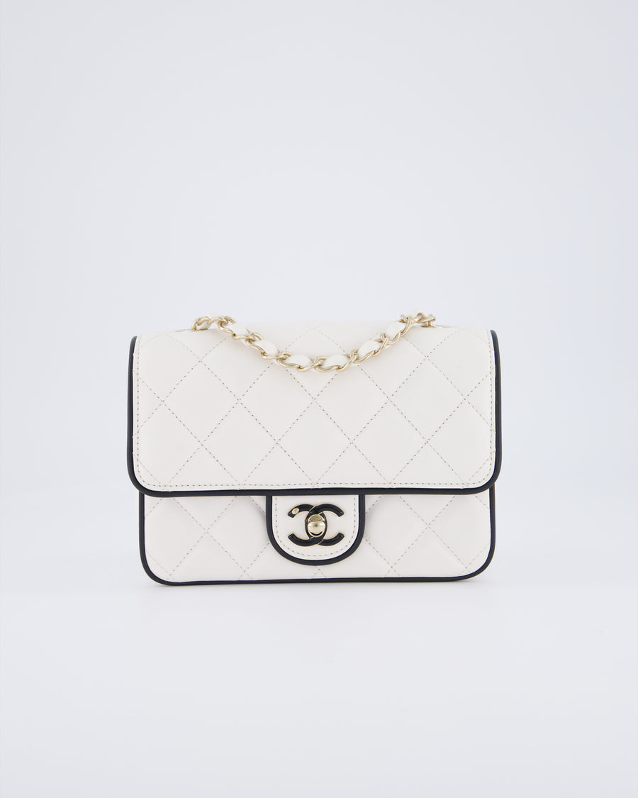 Chanel White, Black Trim Flap Bag in Lambskin Leather with Champagne and Enamel Hardware