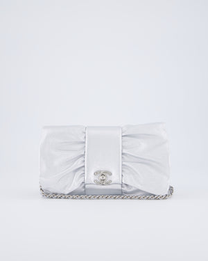 Chanel 25/P Metallic Silver Tie My Bow Clutch in Lambskin Leather with Silver Hardware