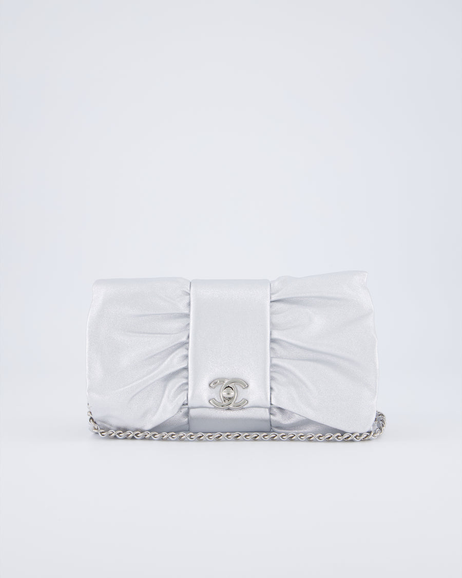 Chanel 25/P Metallic Silver Tie My Bow Clutch in Lambskin Leather with Silver Hardware