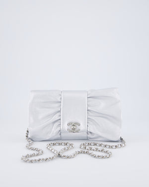Chanel 25/P Metallic Silver Tie My Bow Clutch in Lambskin Leather with Silver Hardware