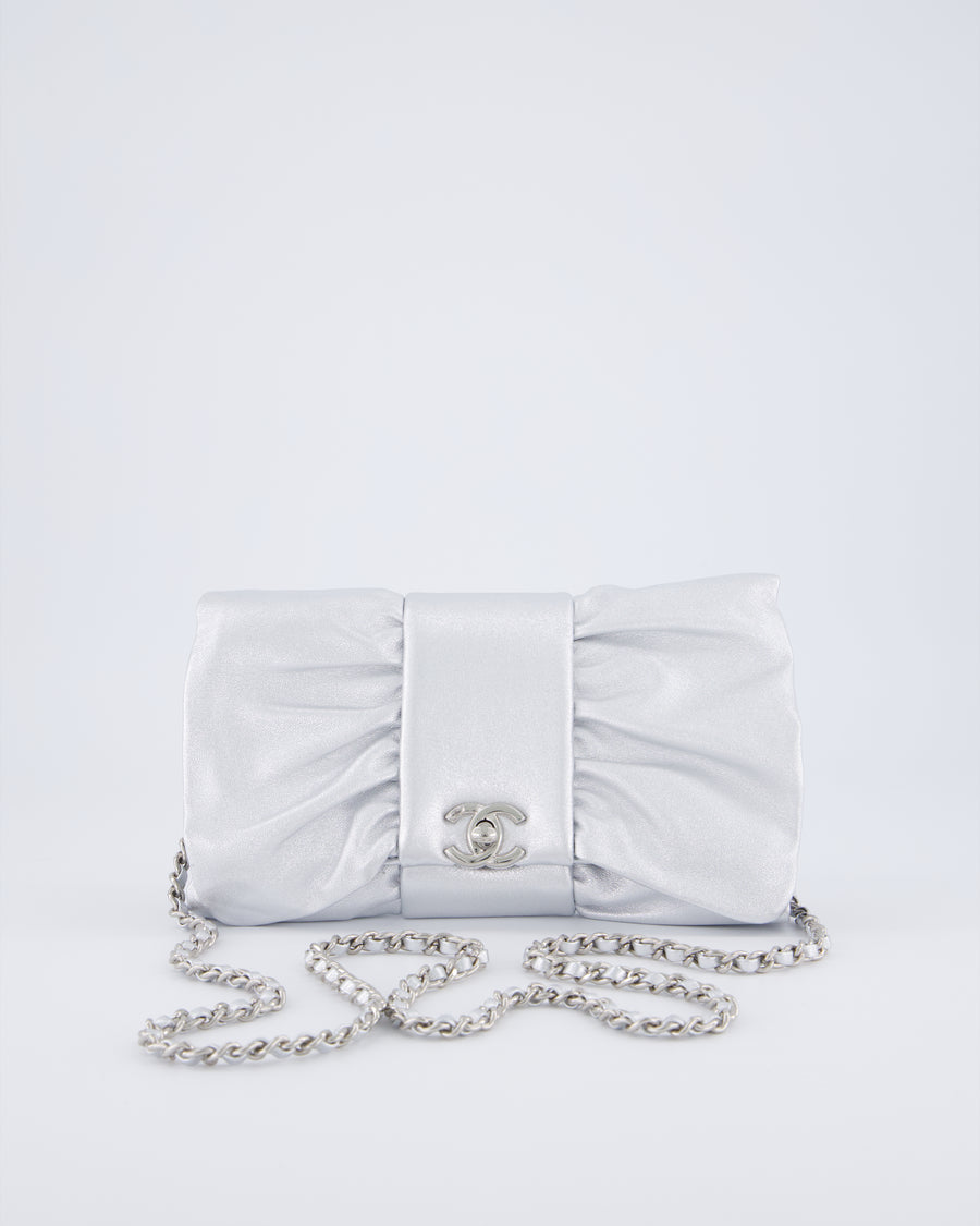 Chanel 25/P Metallic Silver Tie My Bow Clutch in Lambskin Leather with Silver Hardware