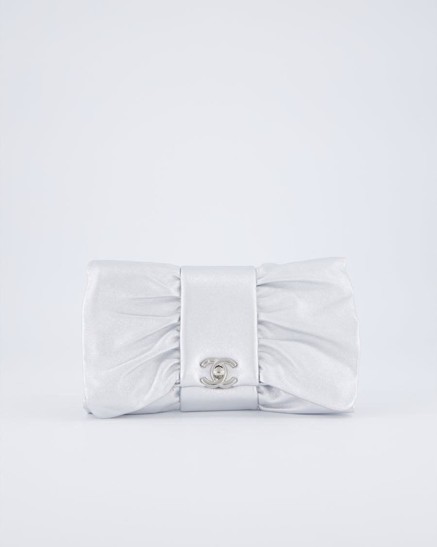 Chanel 25/P Metallic Silver Tie My Bow Clutch in Lambskin Leather with Silver Hardware