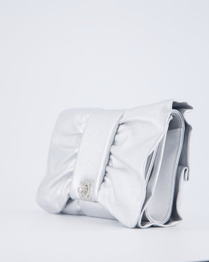 Chanel 25/P Metallic Silver Tie My Bow Clutch in Lambskin Leather with Silver Hardware