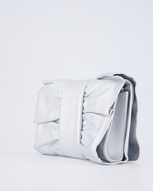 Chanel 25/P Metallic Silver Tie My Bow Clutch in Lambskin Leather with Silver Hardware