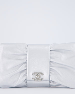 Chanel 25/P Metallic Silver Tie My Bow Clutch in Lambskin Leather with Silver Hardware