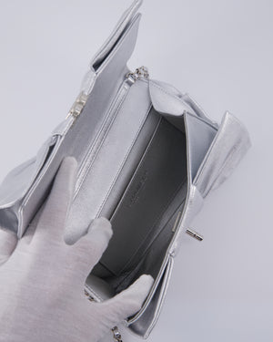 Chanel 25/P Metallic Silver Tie My Bow Clutch in Lambskin Leather with Silver Hardware