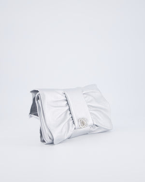 Chanel 25/P Metallic Silver Tie My Bow Clutch in Lambskin Leather with Silver Hardware