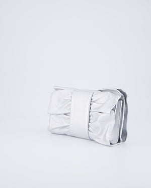 Chanel 25/P Metallic Silver Tie My Bow Clutch in Lambskin Leather with Silver Hardware