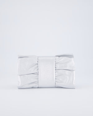 Chanel 25/P Metallic Silver Tie My Bow Clutch in Lambskin Leather with Silver Hardware