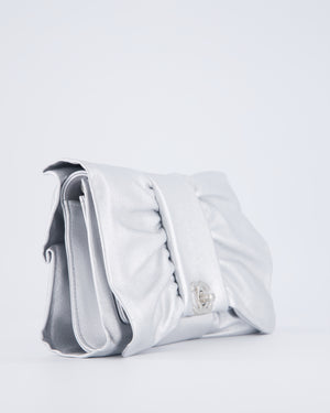 Chanel 25/P Metallic Silver Tie My Bow Clutch in Lambskin Leather with Silver Hardware