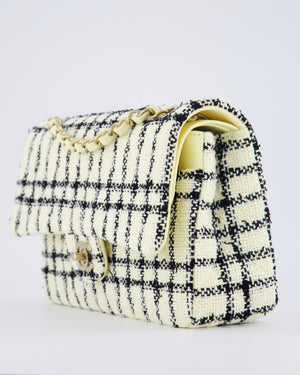 Chanel Pastel Yellow, Black Check Tweed Medium Classic Double Flap Bag with Champagne Gold Hardware