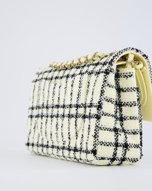 Chanel Pastel Yellow, Black Check Tweed Medium Classic Double Flap Bag with Champagne Gold Hardware