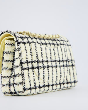 Chanel Pastel Yellow, Black Check Tweed Medium Classic Double Flap Bag with Champagne Gold Hardware