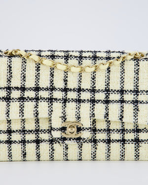 Chanel Pastel Yellow, Black Check Tweed Medium Classic Double Flap Bag with Champagne Gold Hardware
