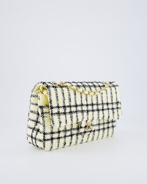 Chanel Pastel Yellow, Black Check Tweed Medium Classic Double Flap Bag with Champagne Gold Hardware
