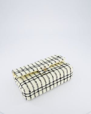 Chanel Pastel Yellow, Black Check Tweed Medium Classic Double Flap Bag with Champagne Gold Hardware