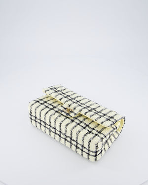 Chanel Pastel Yellow, Black Check Tweed Medium Classic Double Flap Bag with Champagne Gold Hardware