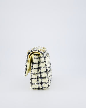 Chanel Pastel Yellow, Black Check Tweed Medium Classic Double Flap Bag with Champagne Gold Hardware