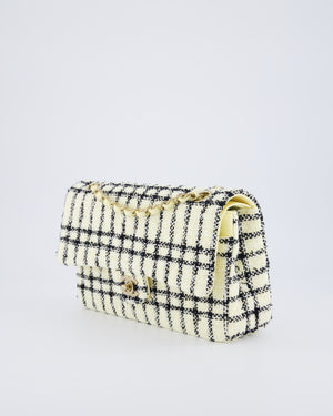 Chanel Pastel Yellow, Black Check Tweed Medium Classic Double Flap Bag with Champagne Gold Hardware