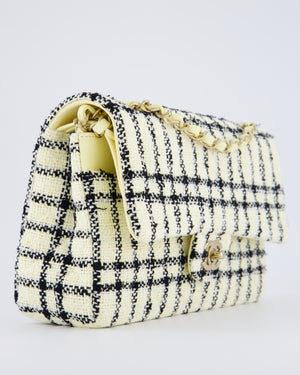 Chanel Pastel Yellow, Black Check Tweed Medium Classic Double Flap Bag with Champagne Gold Hardware
