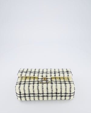 Chanel Pastel Yellow, Black Check Tweed Medium Classic Double Flap Bag with Champagne Gold Hardware