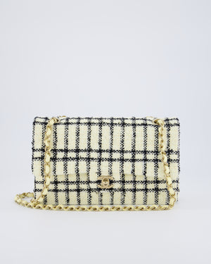 Chanel Pastel Yellow, Black Check Tweed Medium Classic Double Flap Bag with Champagne Gold Hardware
