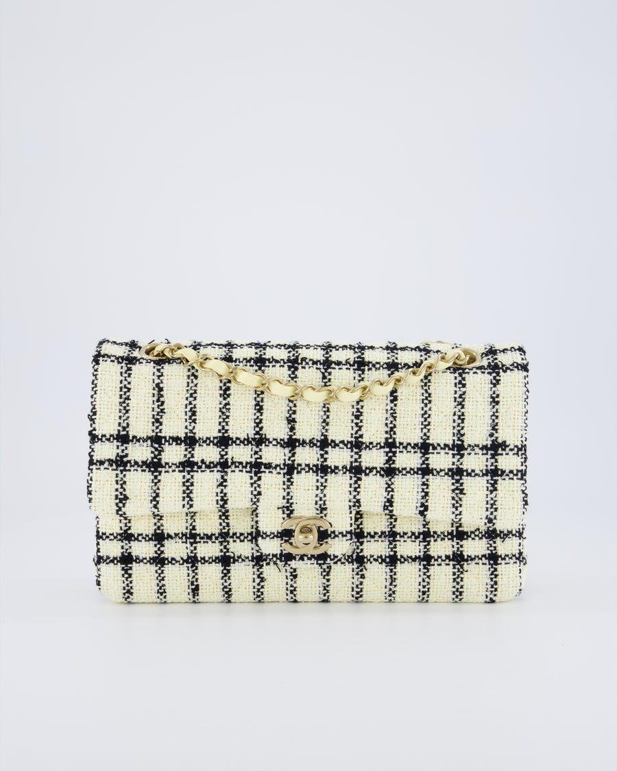 Chanel Pastel Yellow, Black Check Tweed Medium Classic Double Flap Bag with Champagne Gold Hardware