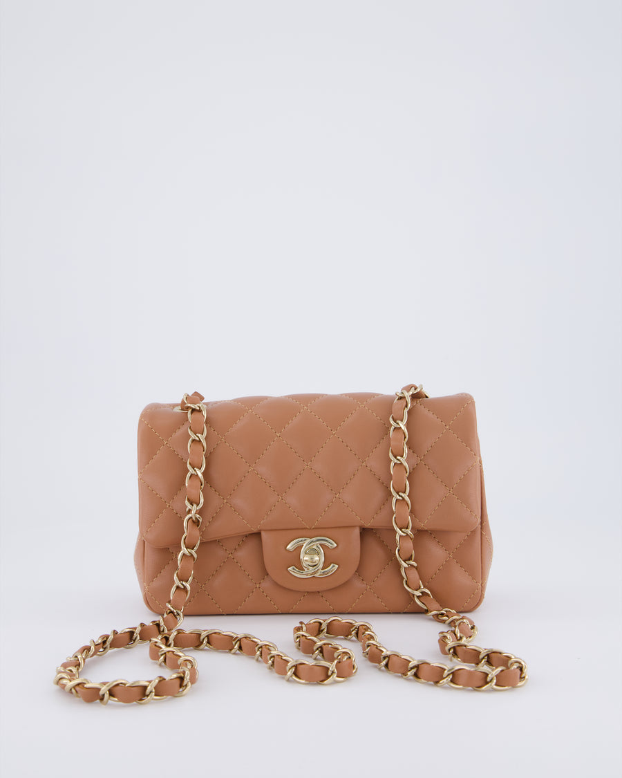 *HOT* Chanel Caramel Mini Rectangular Bag in Lambskin Leather with Champagne Gold Hardware