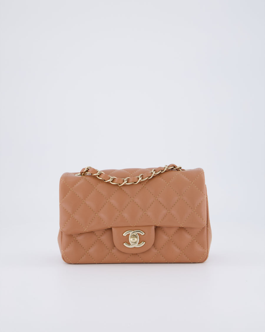 *HOT* Chanel Caramel Mini Rectangular Bag in Lambskin Leather with Champagne Gold Hardware