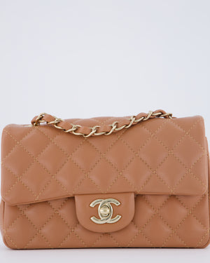 *HOT* Chanel Caramel Mini Rectangular Bag in Lambskin Leather with Champagne Gold Hardware