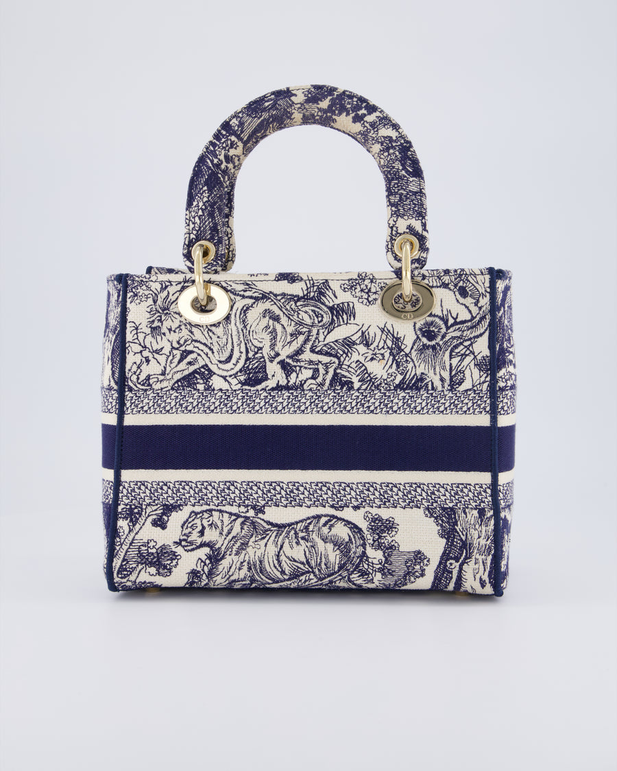 Christian Dior Medium Lady D-Lite Blue and White Toile de Jouy Bag in Canvas with Gold Hardware