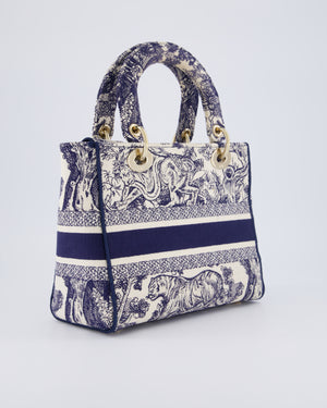 Christian Dior Medium Lady D-Lite Blue and White Toile de Jouy Bag in Canvas with Gold Hardware