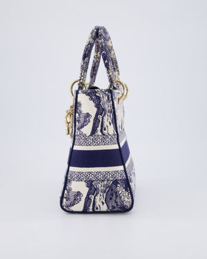 Christian Dior Medium Lady D-Lite Blue and White Toile de Jouy Bag in Canvas with Gold Hardware