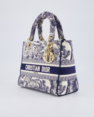 Christian Dior Medium Lady D-Lite Blue and White Toile de Jouy Bag in Canvas with Gold Hardware
