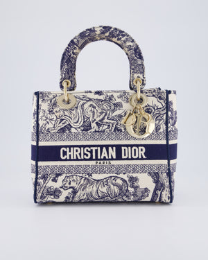 Christian Dior Medium Lady D-Lite Blue and White Toile de Jouy Bag in Canvas with Gold Hardware