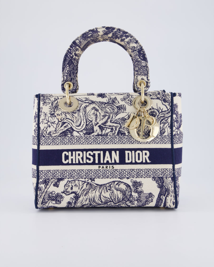 Christian Dior Medium Lady D-Lite Blue and White Toile de Jouy Bag in Canvas with Gold Hardware