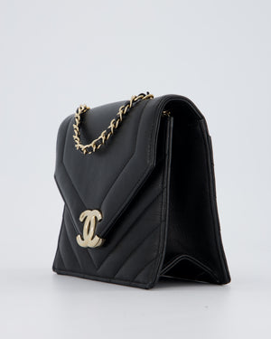 Chanel Black Mini Chevron Envelope Flap Bag in Lambskin Leather and Gold Hardware