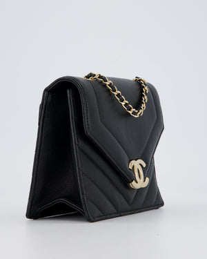 Chanel Black Mini Chevron Envelope Flap Bag in Lambskin Leather and Gold Hardware
