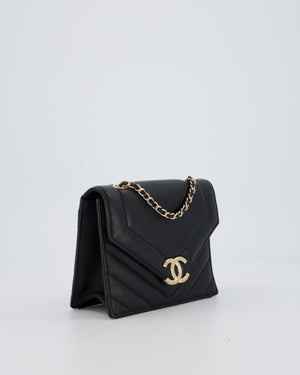 Chanel Black Mini Chevron Envelope Flap Bag in Lambskin Leather and Gold Hardware