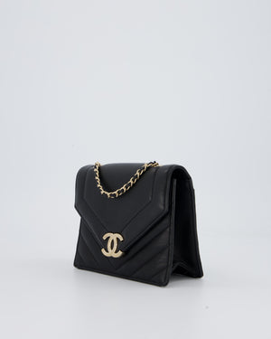 Chanel Black Mini Chevron Envelope Flap Bag in Lambskin Leather and Gold Hardware