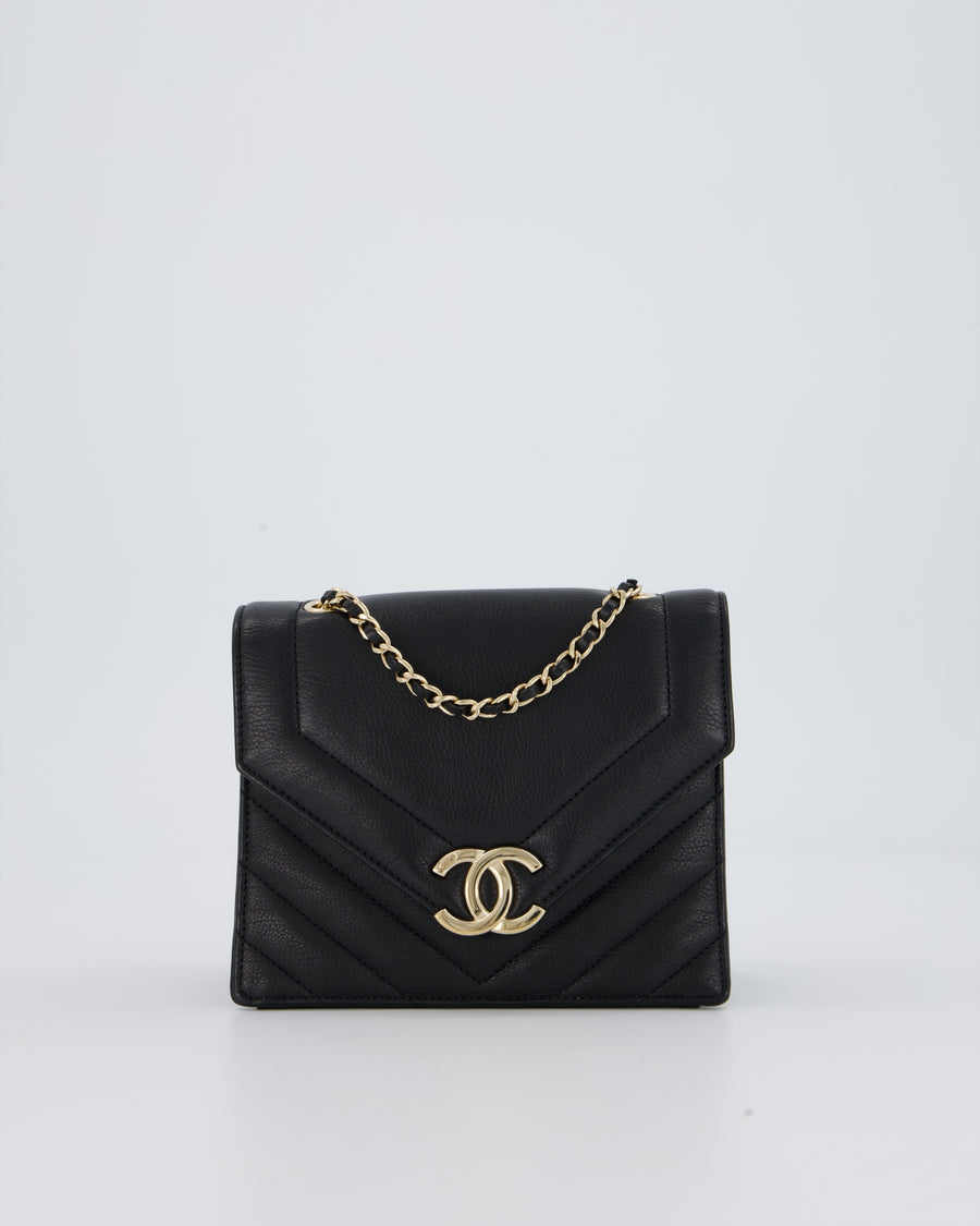 Chanel Black Mini Chevron Envelope Flap Bag in Lambskin Leather and Gold Hardware