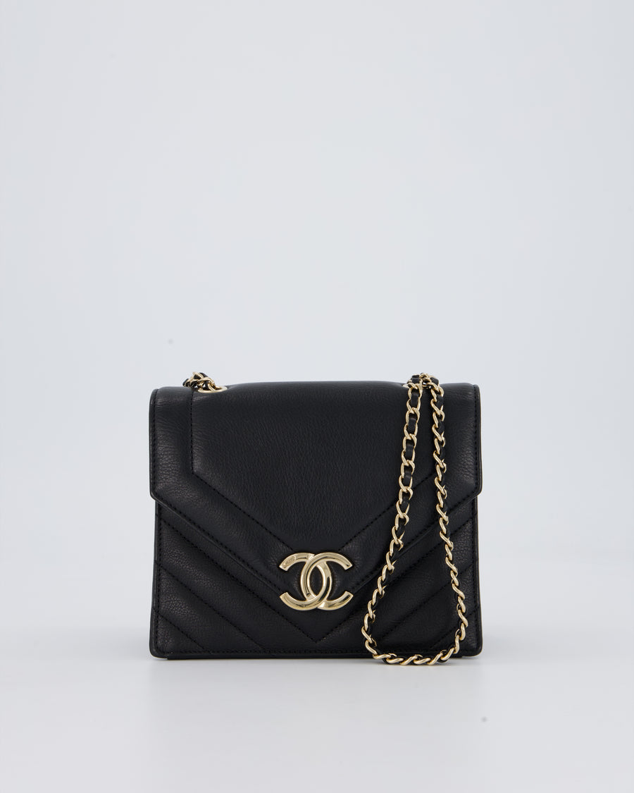 Chanel Black Mini Chevron Envelope Flap Bag in Lambskin Leather and Gold Hardware